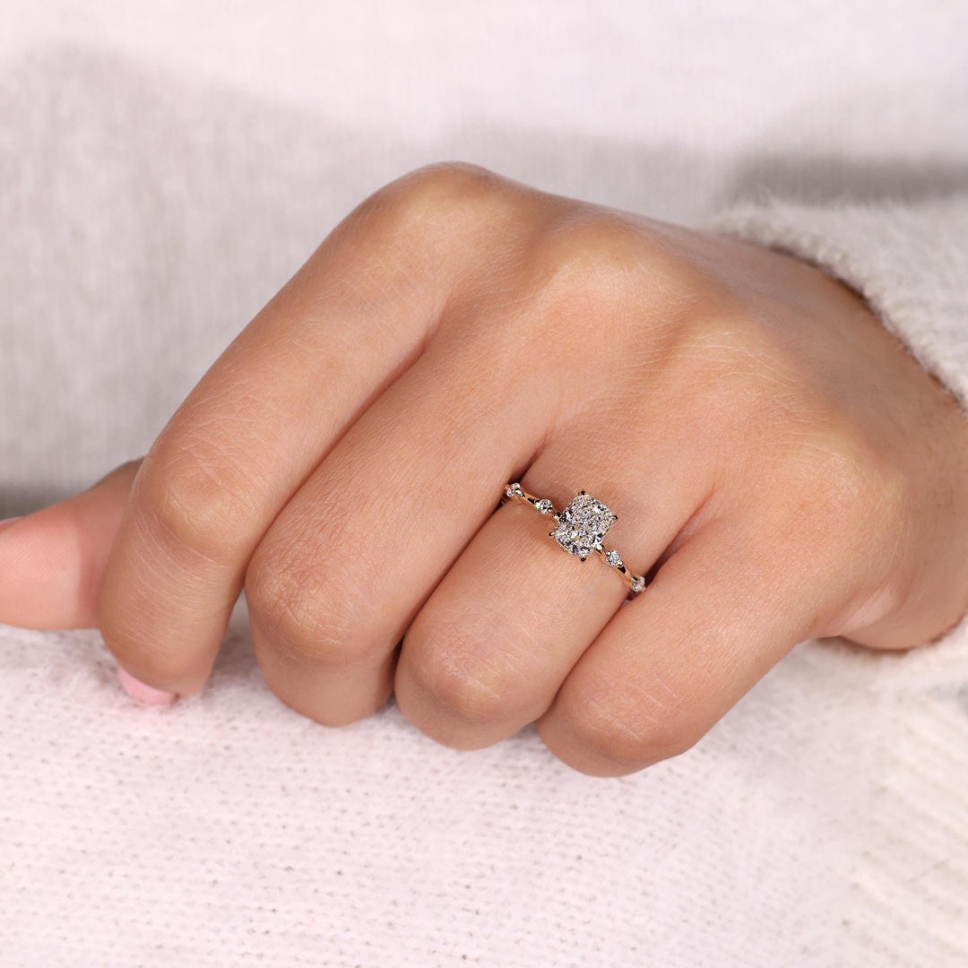 18K Gold Lab Grown Diamond CVD 1CT Cushion-Cut Pave Cathedral Setting Anniversary Ring