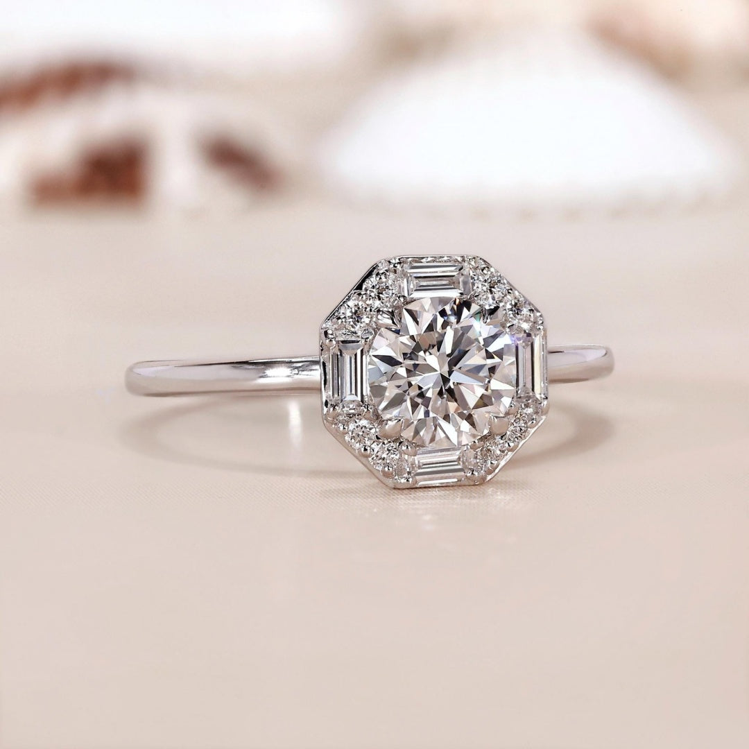 10K Gold Lab Grown Diamond CVD 1CT Cushion-Cut Cluster Halo Round & Baguette Accents Engagement Ring