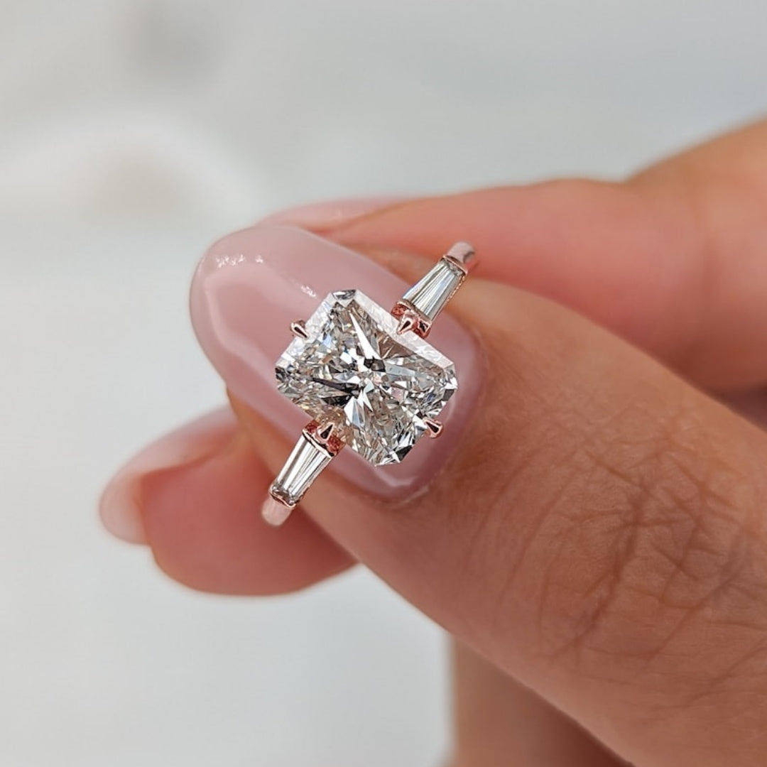 18K Gold Lab Grown Diamond CVD 3CT Radiant-Cut With Tapered Side Engagement Ring