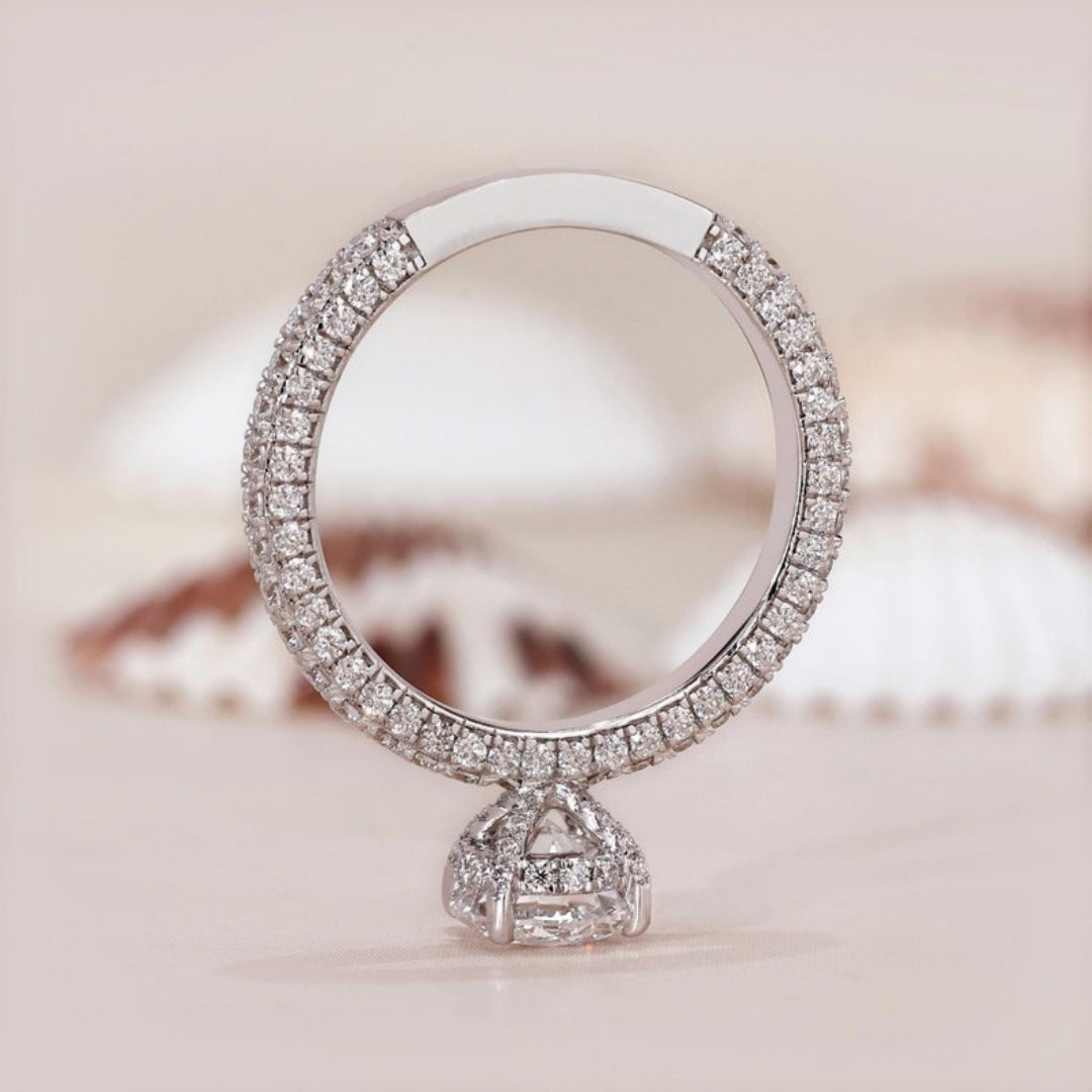 14K Gold Lab Grown Diamond CVD 2CT Round-Cut Hidden Halo Three-Side Pave Engagement Ring