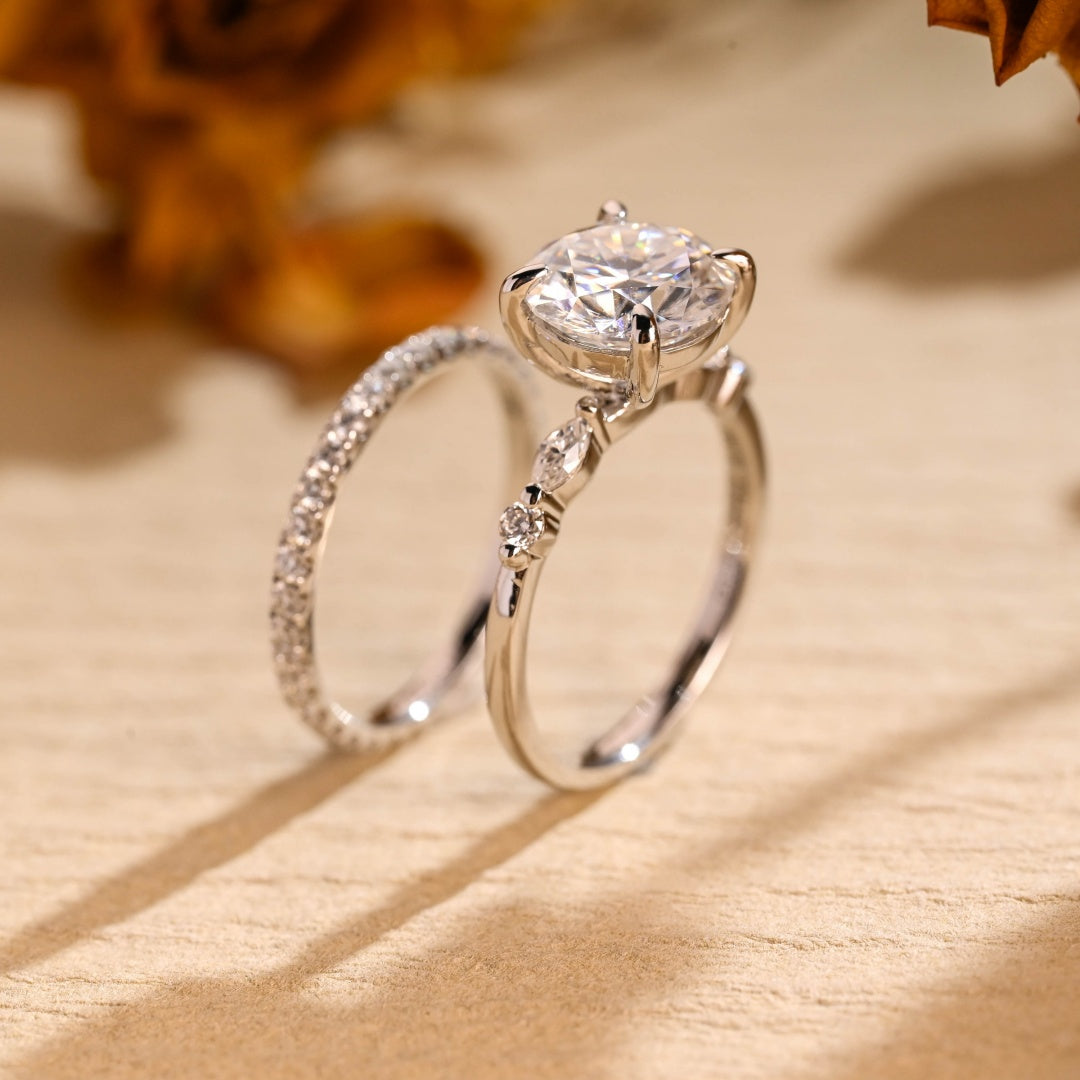 14K Gold Lab Grown Diamond CVD 2CT Round-Cut Vintage Wedding Rind Set
