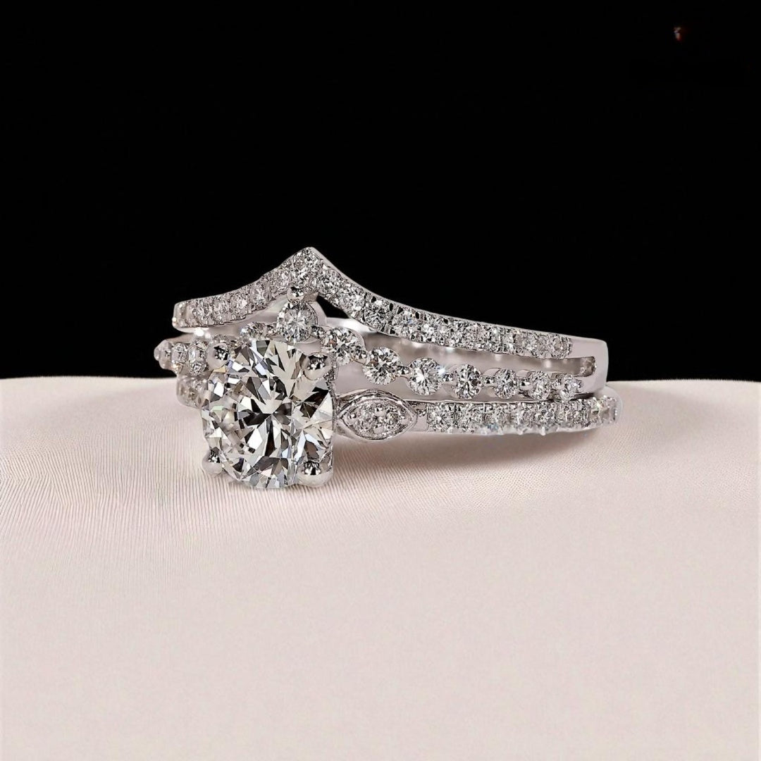 14K Gold Lab Grown Diamond CVD 2CT Round-Cut Three Engagement Rings Set For Her