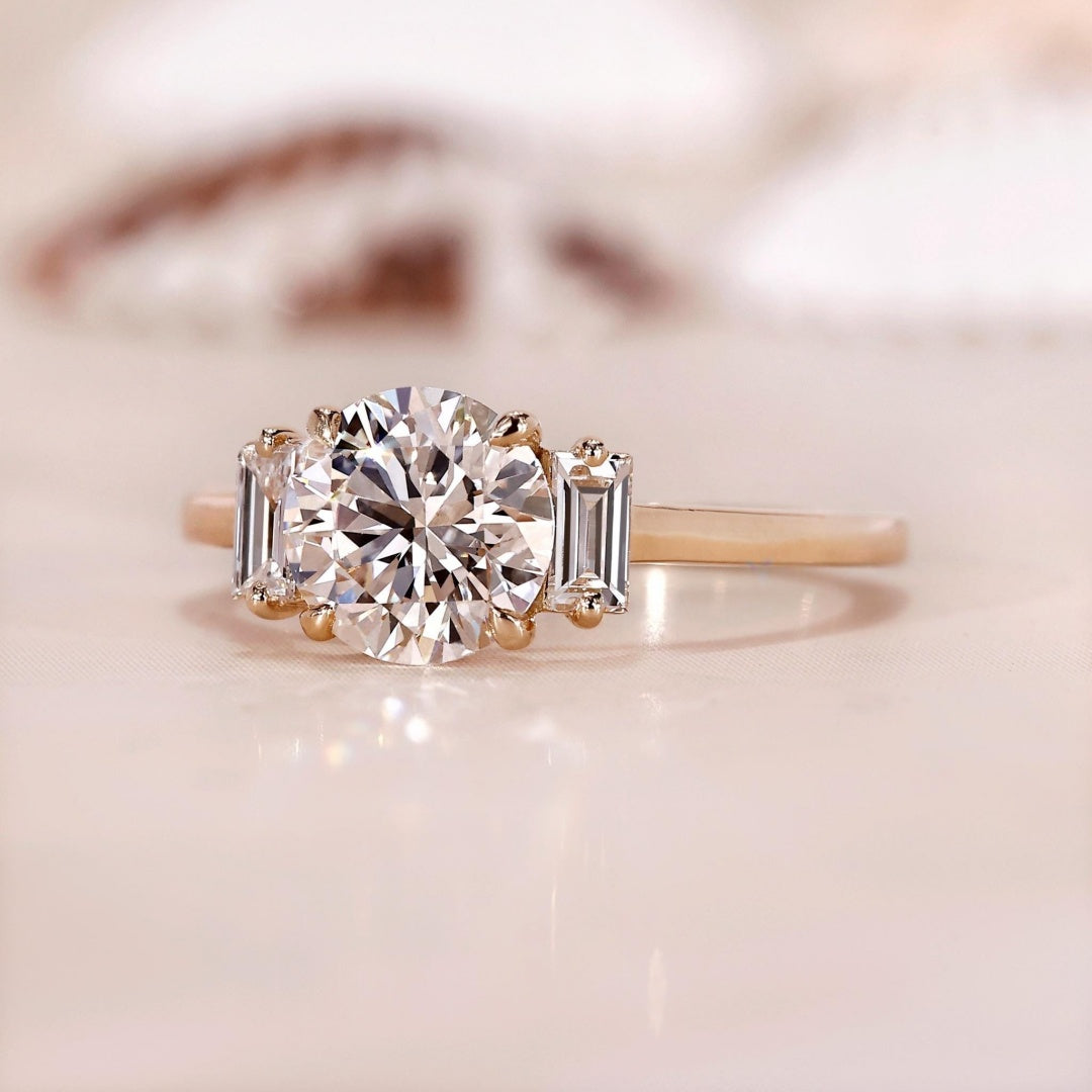 10K Gold Lab Grown Diamond CVD 1.5CT Round-Cut Round & Baguette Unique Design Promise Ring