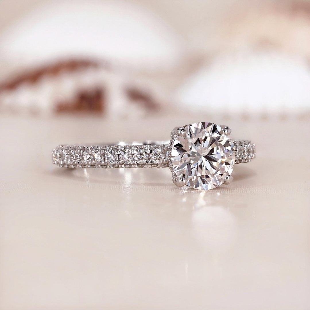 14K Gold Lab Grown Diamond CVD 2CT Round-Cut Hidden Halo Three-Side Pave Engagement Ring