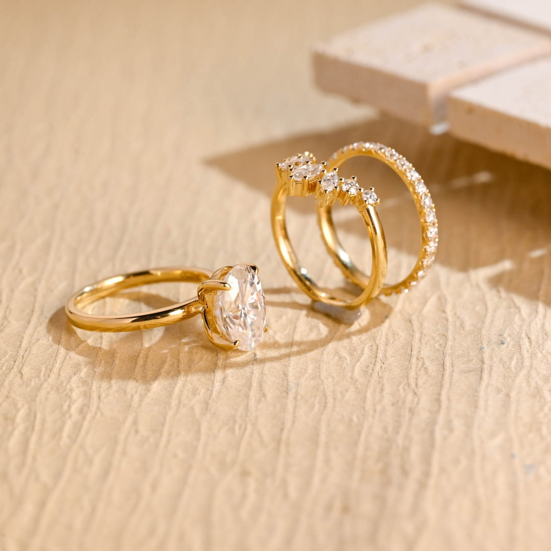 18k Gold Lab Grown Diamond CVD 2CT Oval-Cut Three Ring Set Anniversary Gift for Woman