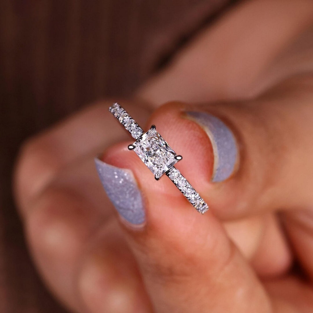 14K Gold Lab Grown Diamond CVD 1.5CT Elongated Cushion Four Prong Half Eternity Anniversary Ring