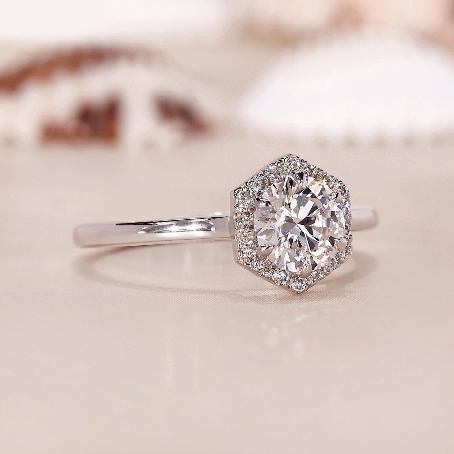 10K Gold Lab Grown Diamond CVD 2CT Round-Cut Hexagon Halo Engagement Ring