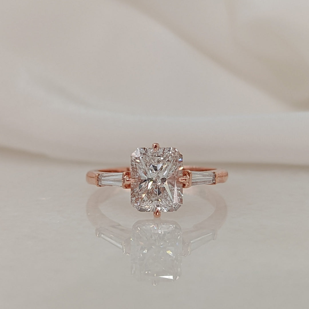 18K Gold Lab Grown Diamond CVD 3CT Radiant-Cut With Tapered Side Engagement Ring