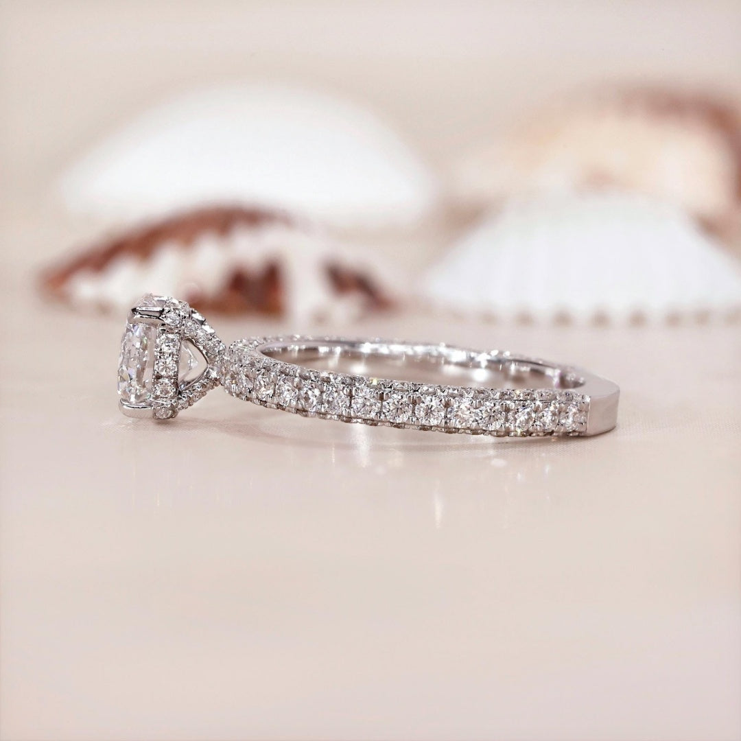 14K Gold Lab Grown Diamond CVD 2CT Round-Cut Hidden Halo Three-Side Pave Engagement Ring