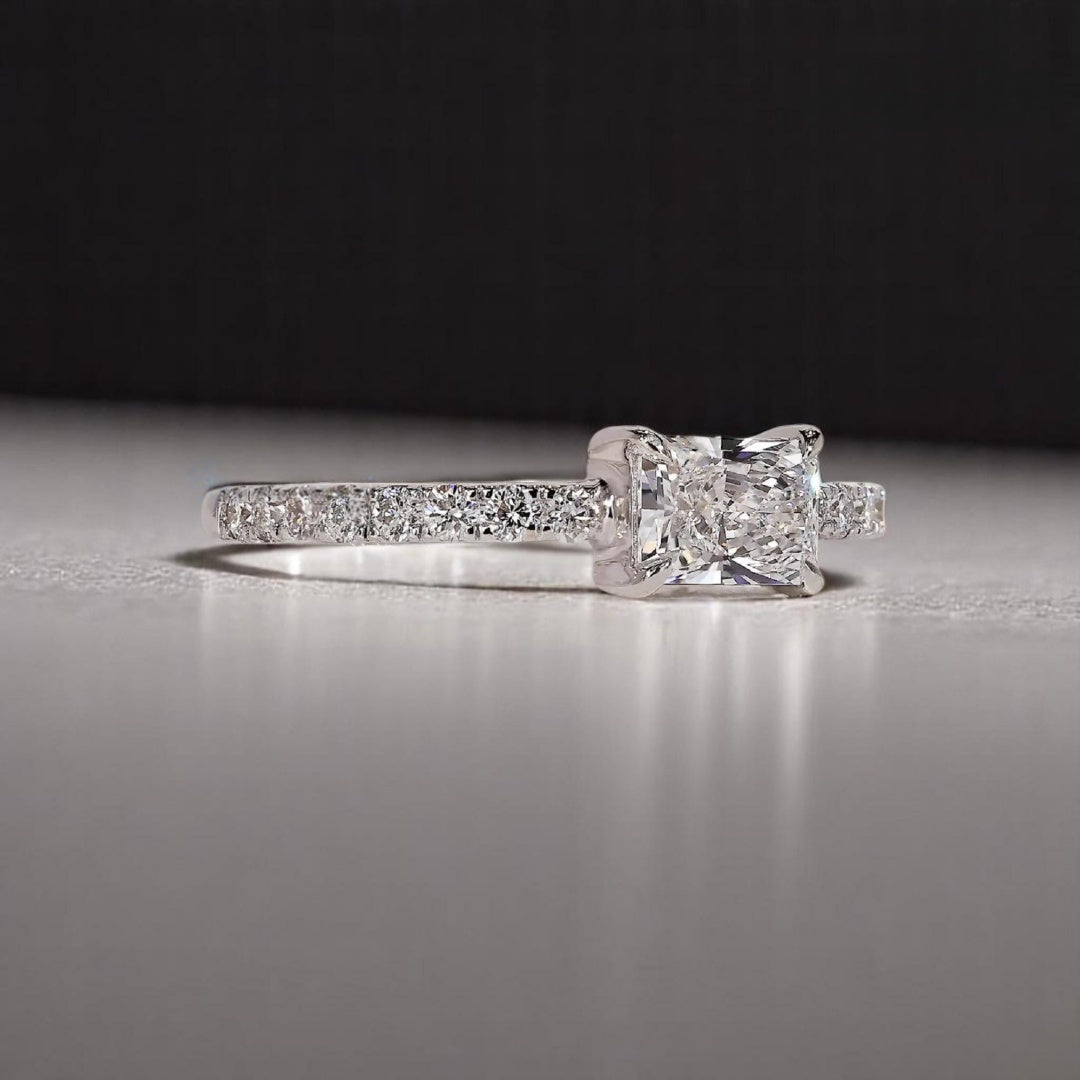 14K Gold Lab Grown Diamond CVD 1.5CT Elongated Cushion Four Prong Half Eternity Anniversary Ring