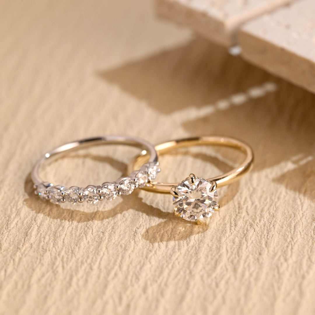 18k Gold Lab Grown Diamond CVD 1.5CT Round-Cut Vintage Wedding Band Set For Wife