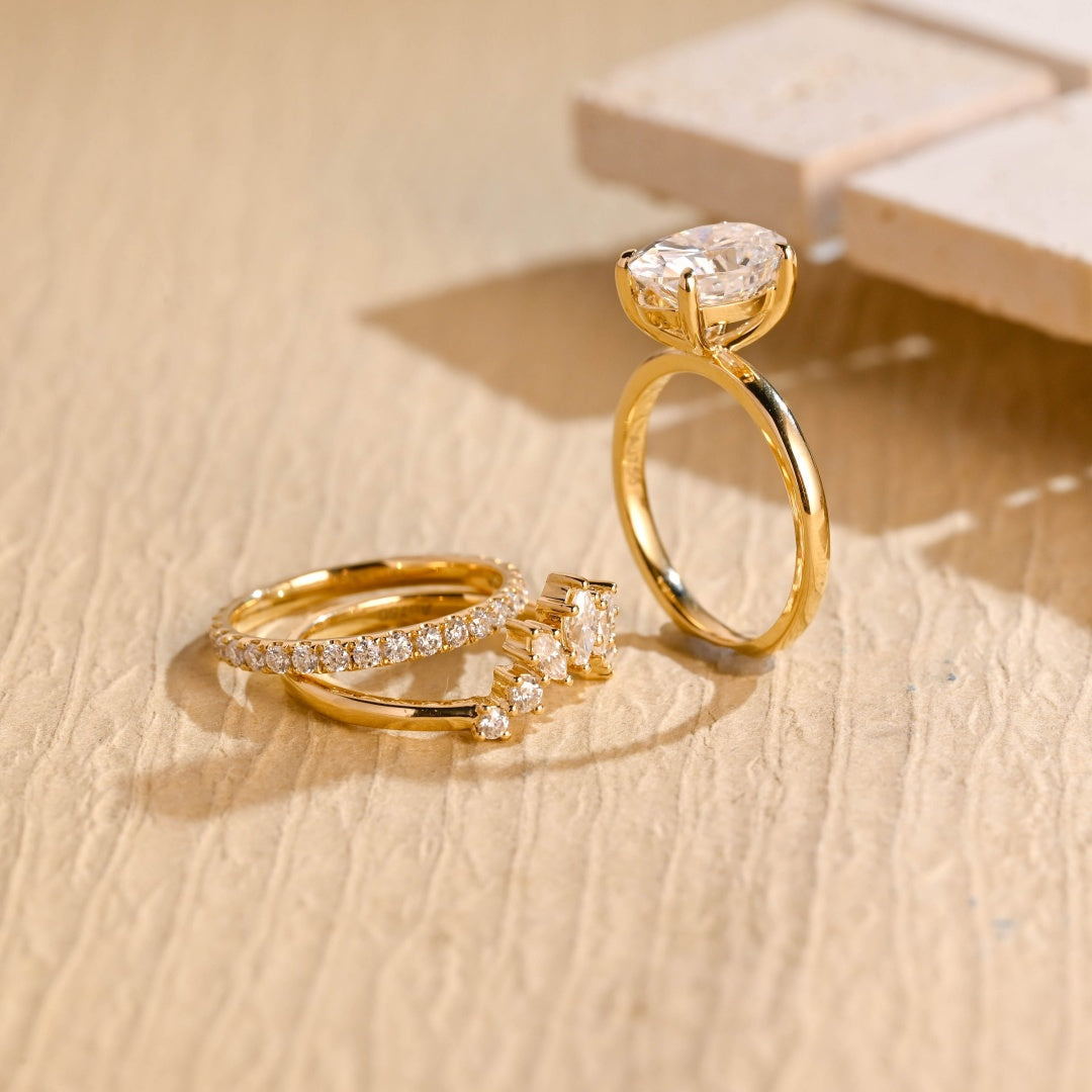 18k Gold Lab Grown Diamond CVD 2CT Oval-Cut Three Ring Set Anniversary Gift for Woman