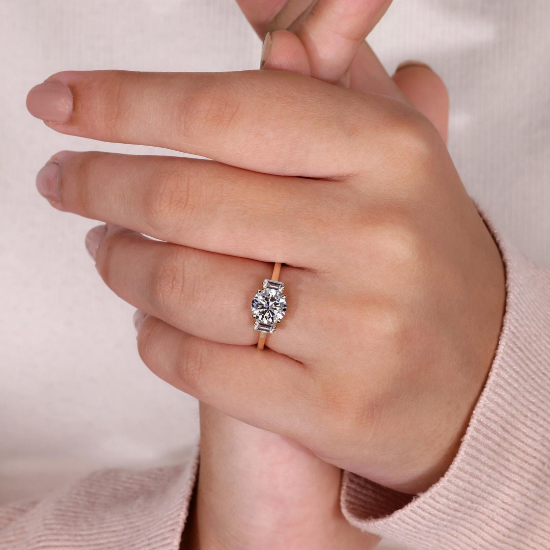 10K Gold Lab Grown Diamond CVD 1.5CT Round-Cut Round & Baguette Unique Design Promise Ring