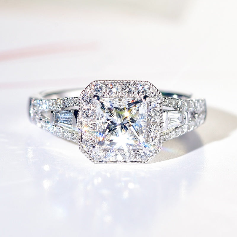 14K Gold Lab Grown Diamond CVD 2CT Princess-Cut Halo Vintage Engagement Ring