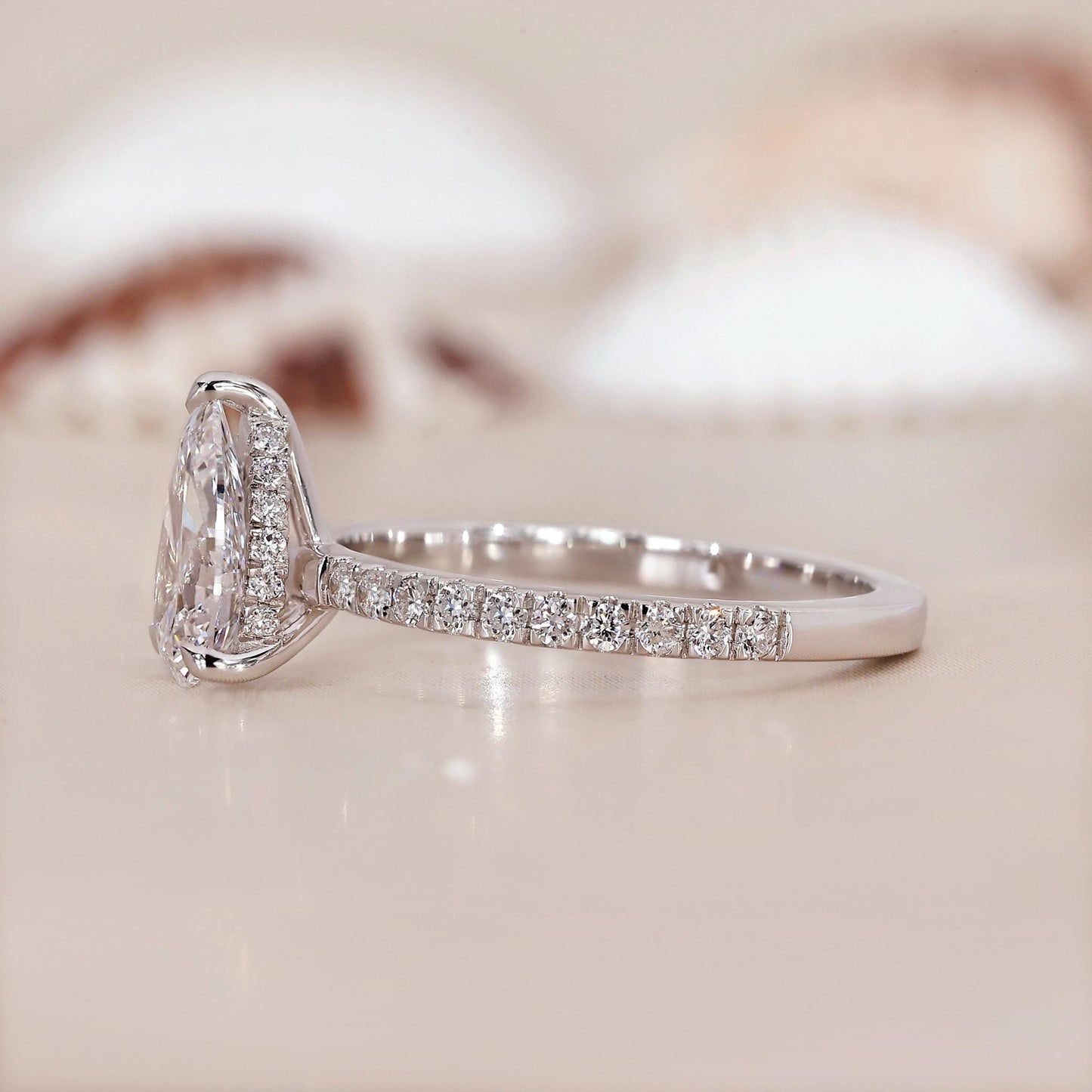 10K Gold Lab Grown Diamond CVD 2CT Pear-Cut Hidden Halo Pave Band Engagement Ring