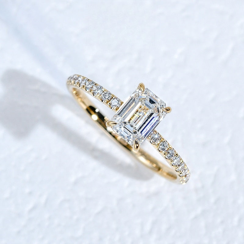 10K Gold Lab Grown Diamond CVD 1CT Emerald-Cut Hidden Halo Pave Band Anniversary Ring