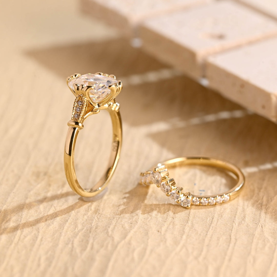 18k Gold Lab Grown Diamond CVD 2CT Cushion-Cut Filigree Milgrain Ring, Vintage Bridal Set
