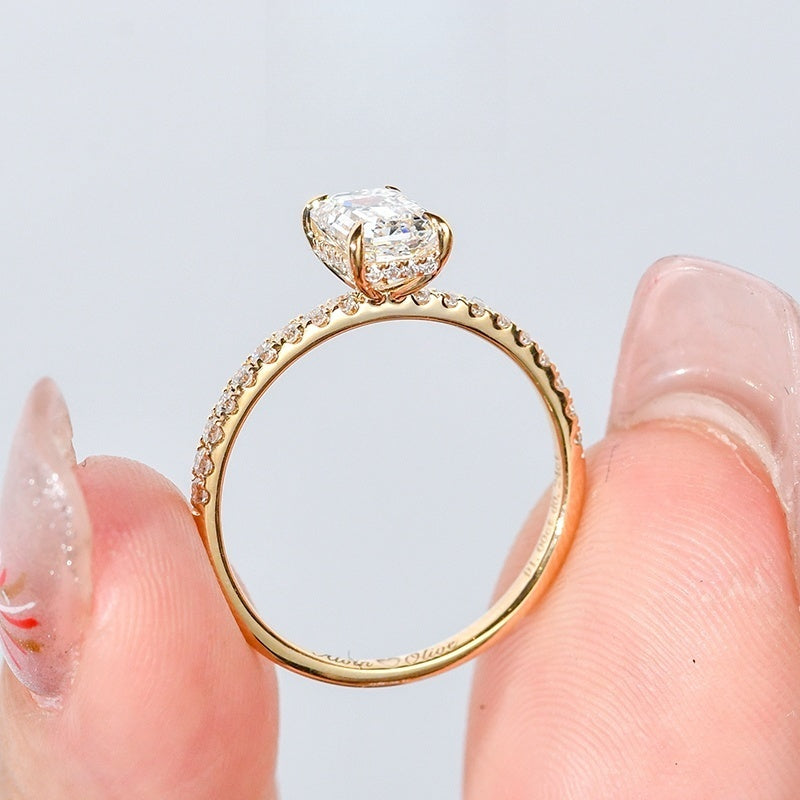 10K Gold Lab Grown Diamond CVD 1CT Emerald-Cut Hidden Halo Pave Band Anniversary Ring