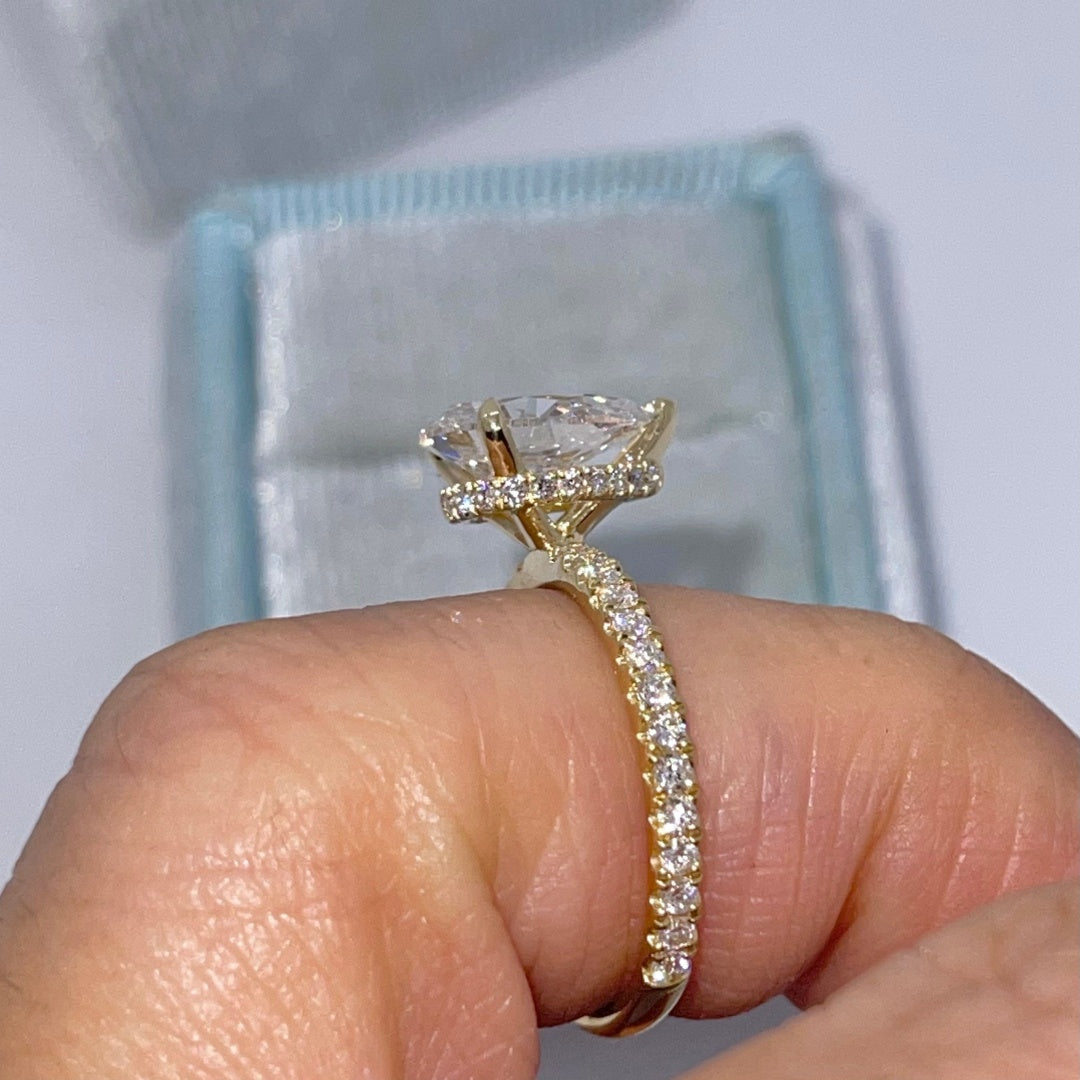 14K Gold Lab Grown Diamond CVD 2.5CT Pear-Cut Yellow Gold Under Halo Classic Ring