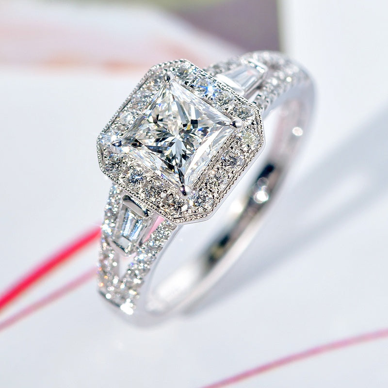 14K Gold Lab Grown Diamond CVD 2CT Princess-Cut Halo Vintage Engagement Ring
