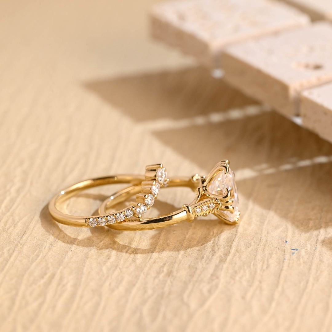 18k Gold Lab Grown Diamond CVD 2CT Cushion-Cut Filigree Milgrain Ring, Vintage Bridal Set