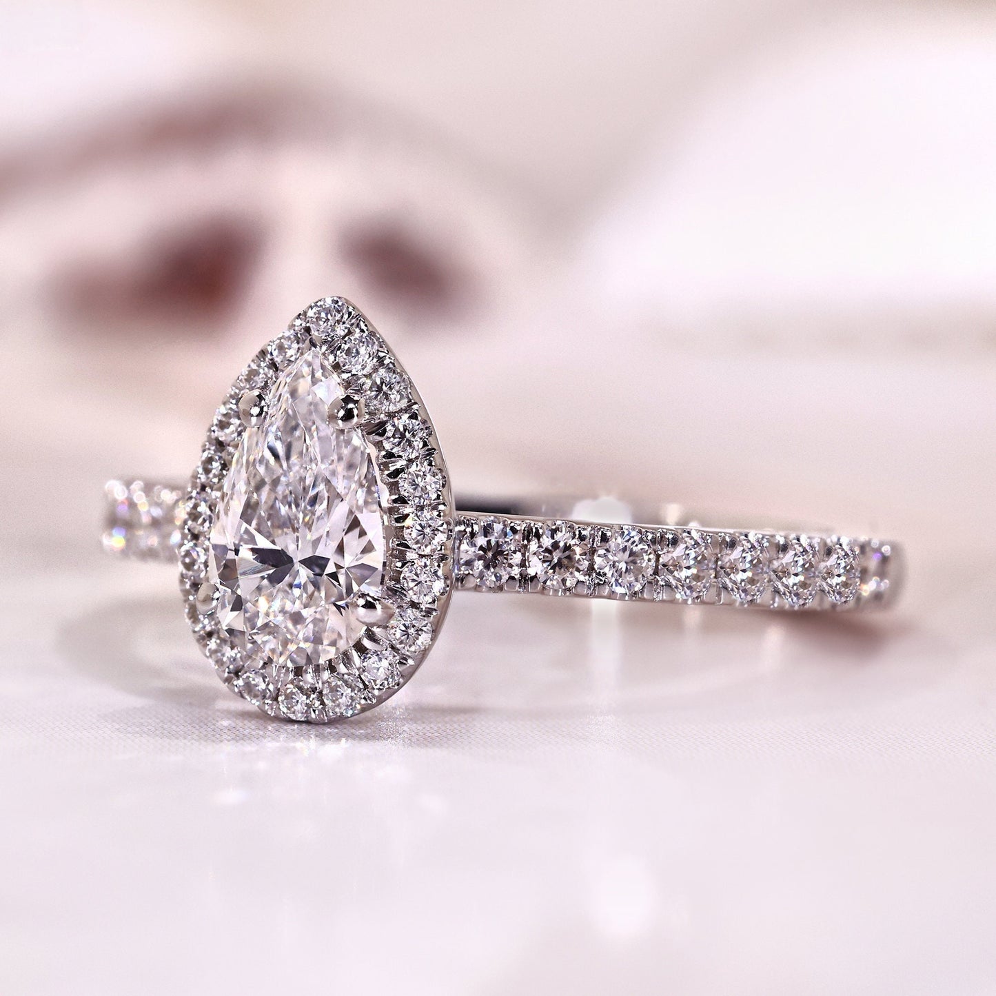 10K Gold Lab Grown Diamond CVD 1CT Pear-Cut Halo Pave Engagement Ring