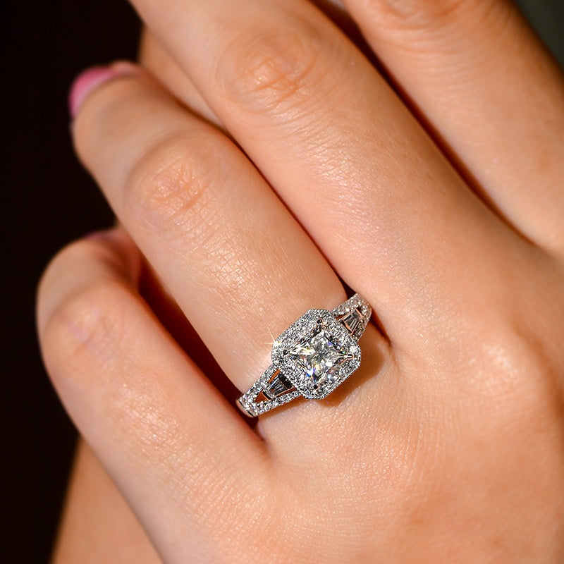 14K Gold Lab Grown Diamond CVD 2CT Princess-Cut Halo Vintage Engagement Ring