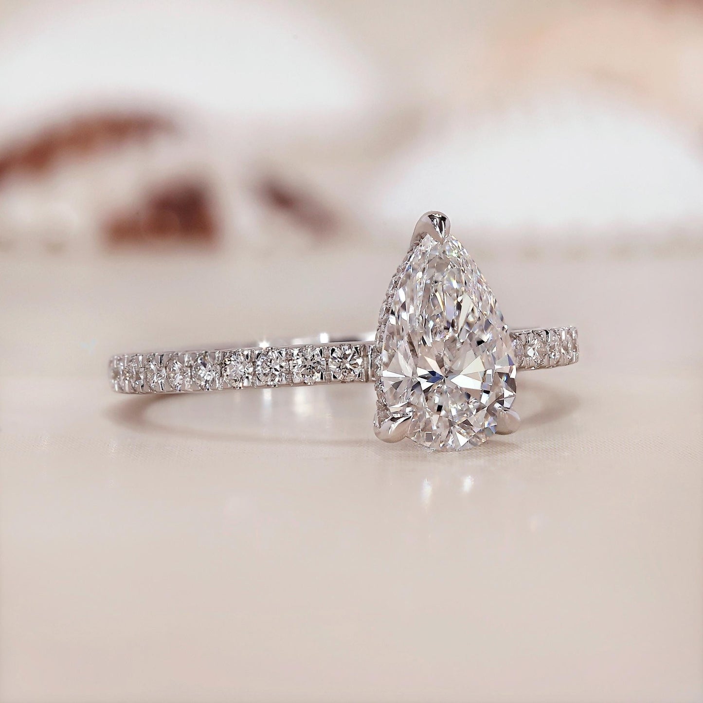 10K Gold Lab Grown Diamond CVD 2CT Pear-Cut Hidden Halo Pave Band Engagement Ring
