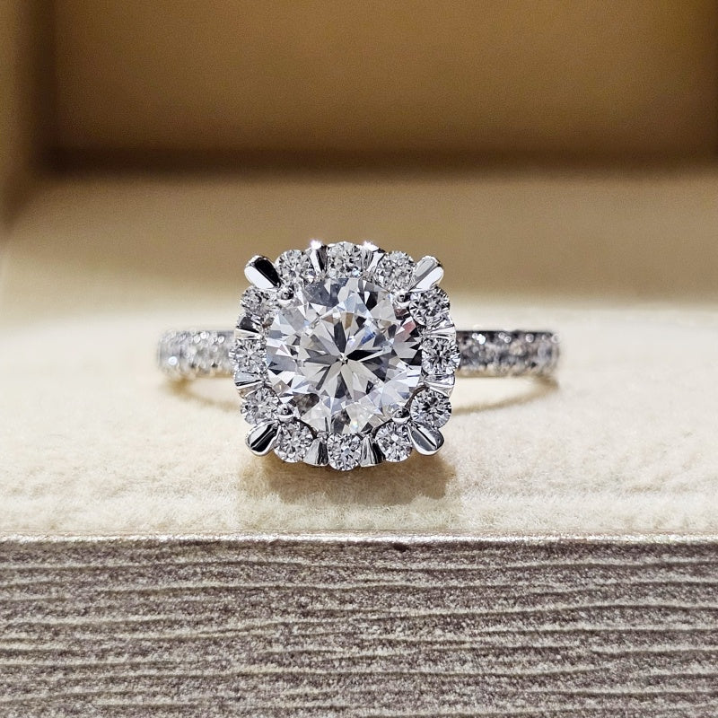 10K Gold Lab Grown Diamond CVD 1.5CT Round-Cut Four Prong Halo Pave Engagement Ring