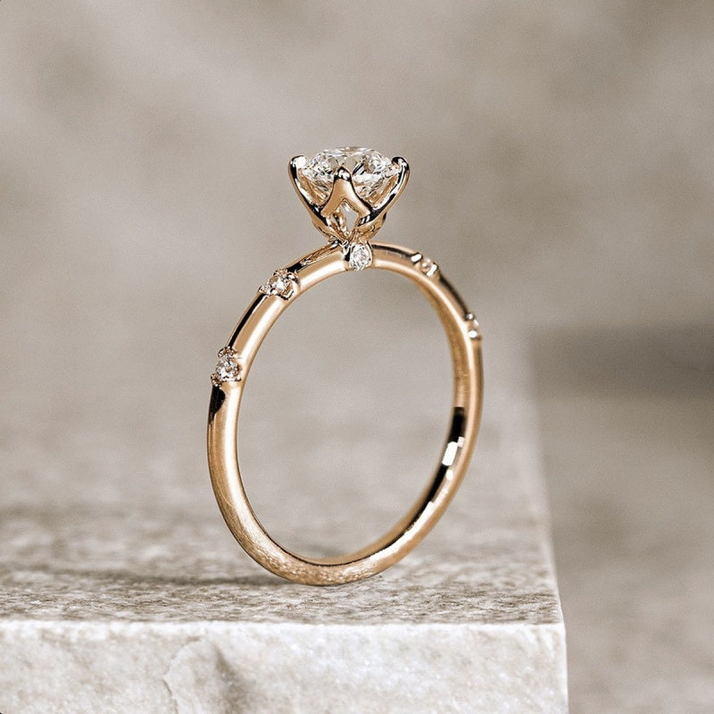 14K Gold Lab Grown Diamond CVD 1CT Round-Cut Curved Shoulder Four Prong Setting Engagement Ring