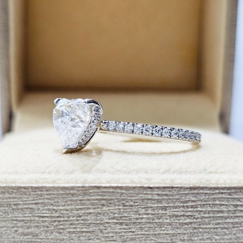 14K Gold Lab Grown Diamond CVD 1.5CT Heart-Cut Hidden Halo Pave Band Engagement Ring