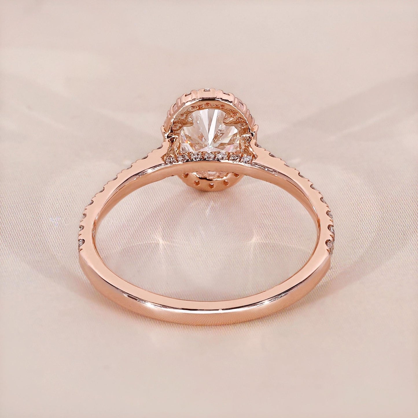 18k Gold Lab Grown Diamond CVD 1CT Oval-Cut Baguette Accent Handmade Halo Engagement Ring