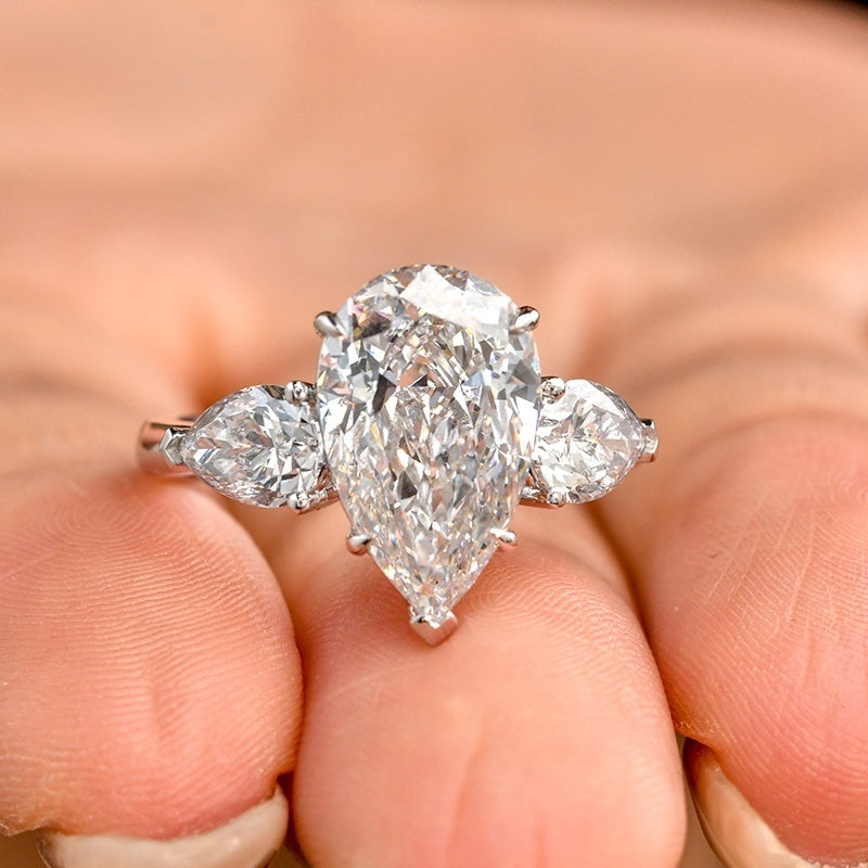 14K Gold Lab Grown Diamond CVD 2CT Pear-Cut Three Stone Bridal Luxury Engagement Ring