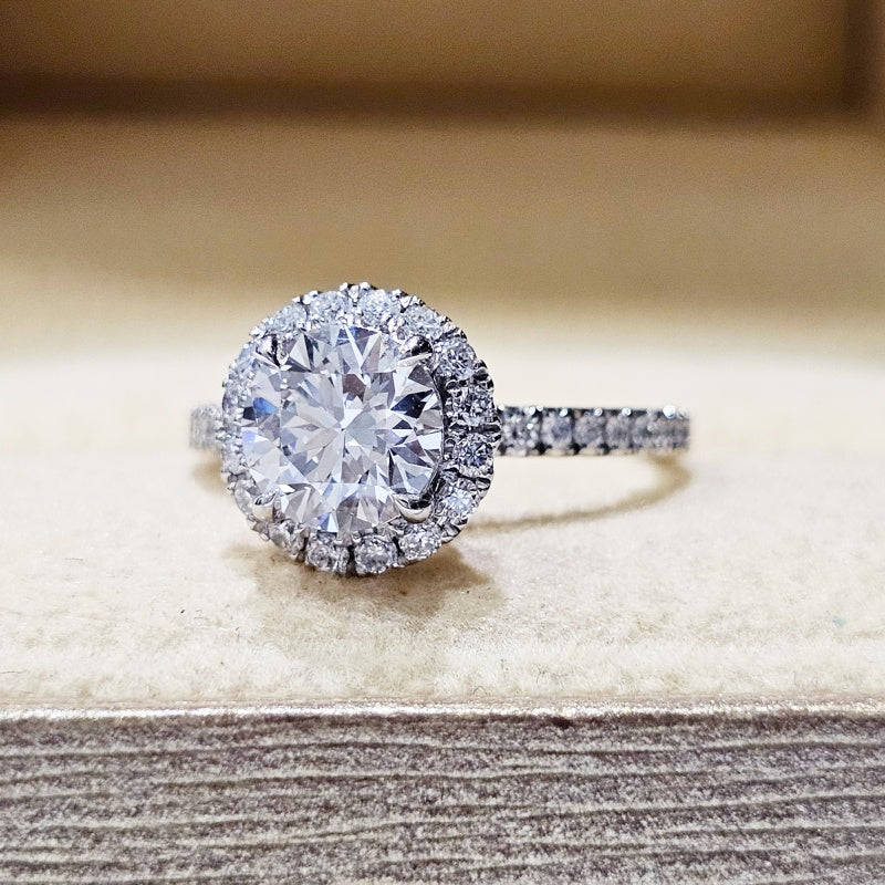14K Gold Lab Grown Diamond CVD 1.5CT Round-Cut Halo Pave Band Engagement Ring