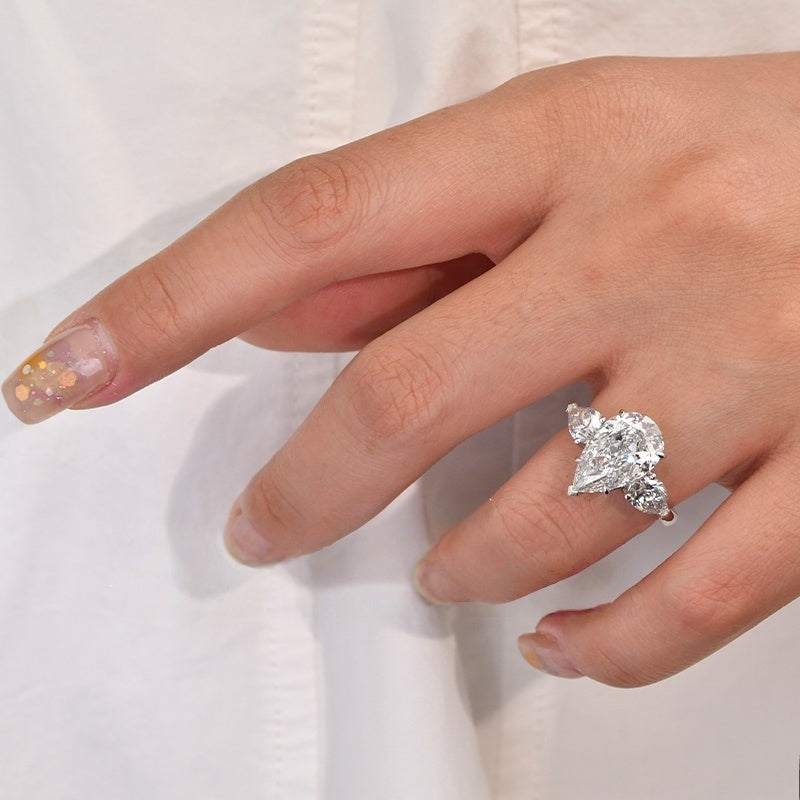 14K Gold Lab Grown Diamond CVD 2CT Pear-Cut Three Stone Bridal Luxury Engagement Ring