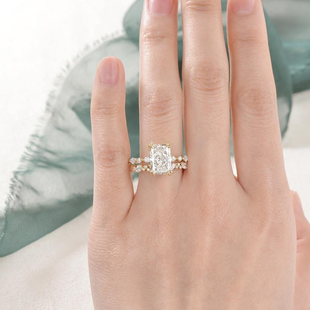 14K Gold Lab Grown Diamond CVD 3CT Radiant-Cut Unique Marquise Double Prongs Wedding Ring Set