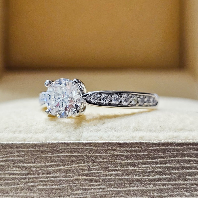 14K Gold Lab Grown Diamond CVD 1.5CT Round-Cut Tapered Pave Four Prong Setting Engagement Ring