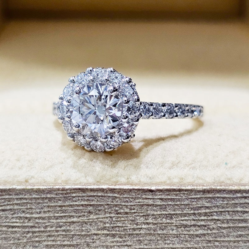 14K Gold Lab Grown Diamond CVD 1.5CT Round-Cut Halo Pave Band Engagement Ring