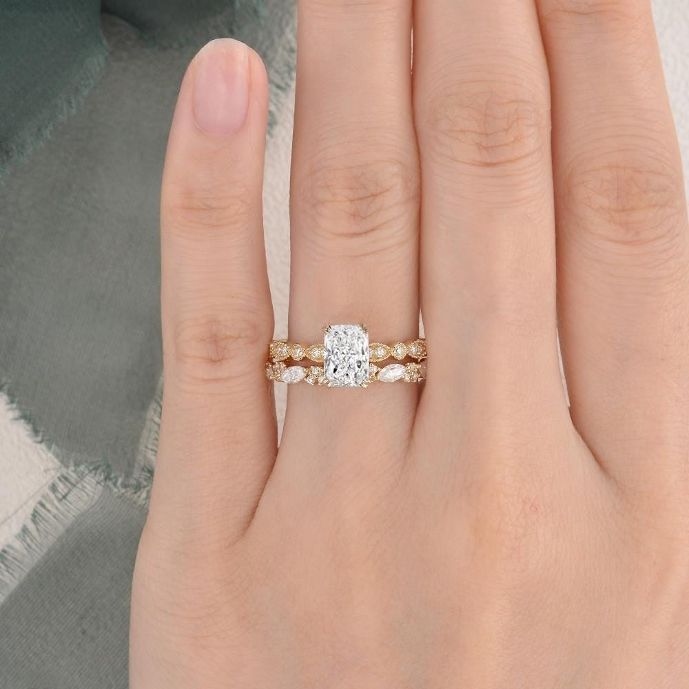 18k Gold Lab Grown Diamond CVD 2CT Radiant-Cut Unique Hidden Halo Art Deco Yellow Gold Marquise Cluster Band Ring