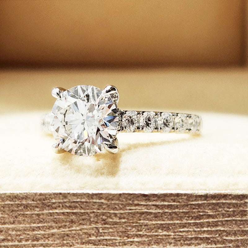 14K Gold Lab Grown Diamond CVD 3CT Round-Cut Four Prong Setting Pave Band Engagement Ring
