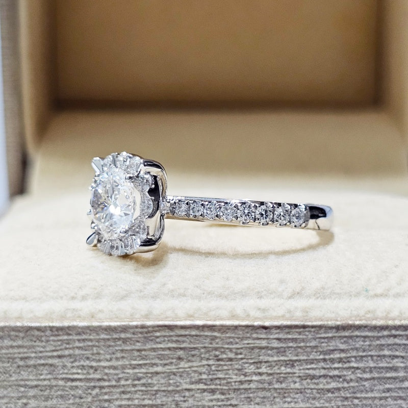 10K Gold Lab Grown Diamond CVD 1.5CT Round-Cut Four Prong Halo Pave Engagement Ring