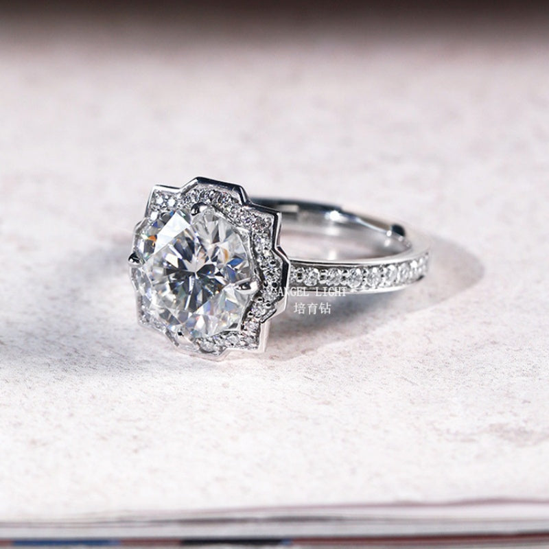 14K Gold Lab Grown Diamond CVD 1.5CT Round-Cut Octagonal Halo Art Deco Anniversary Ring