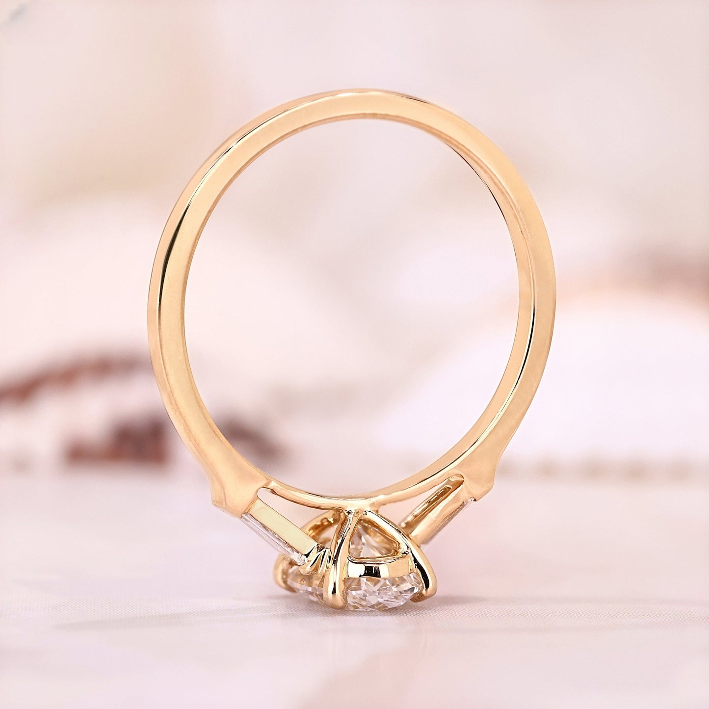 10K Gold Lab Grown Diamond CVD 2CT Oval-Cut Three Stone Baguette Engagement Ring