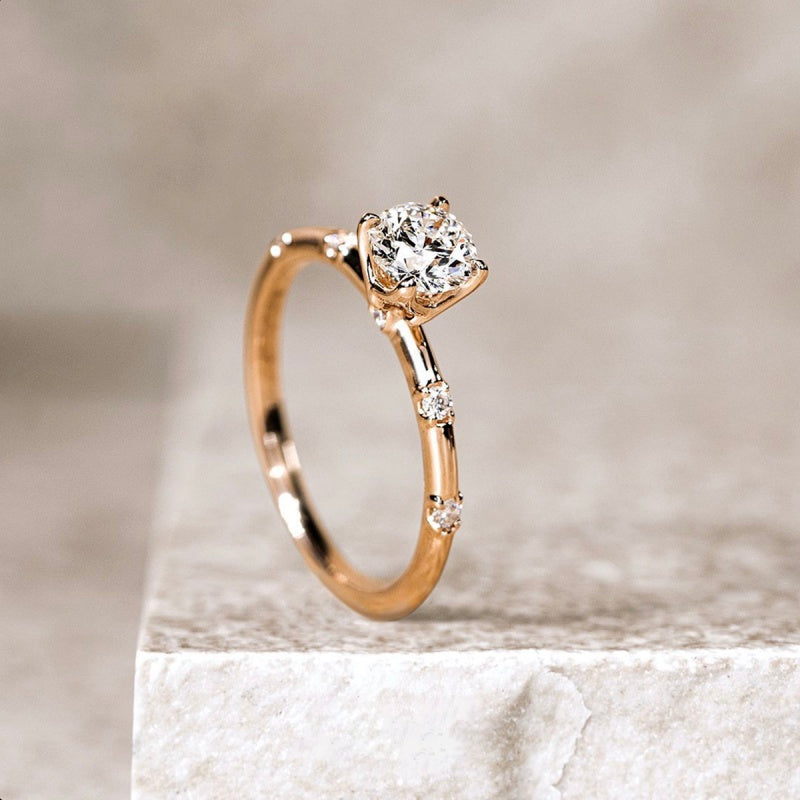14K Gold Lab Grown Diamond CVD 1CT Round-Cut Curved Shoulder Four Prong Setting Engagement Ring