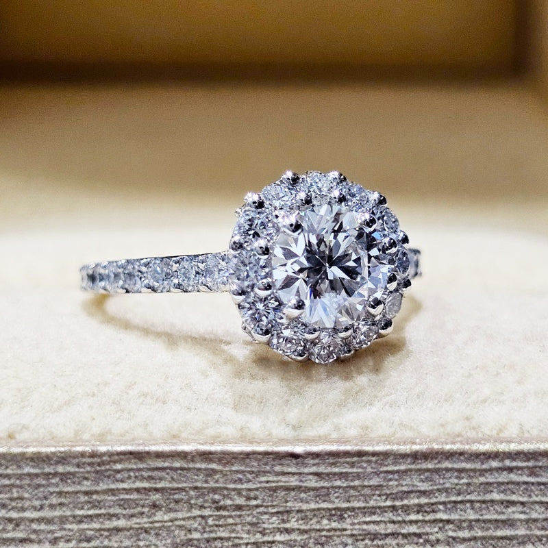14K Gold Lab Grown Diamond CVD 1.5CT Round-Cut Halo Pave Band Engagement Ring