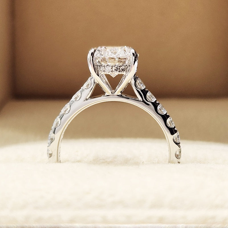 14K Gold Lab Grown Diamond CVD 3CT Round-Cut Four Prong Setting Pave Band Engagement Ring