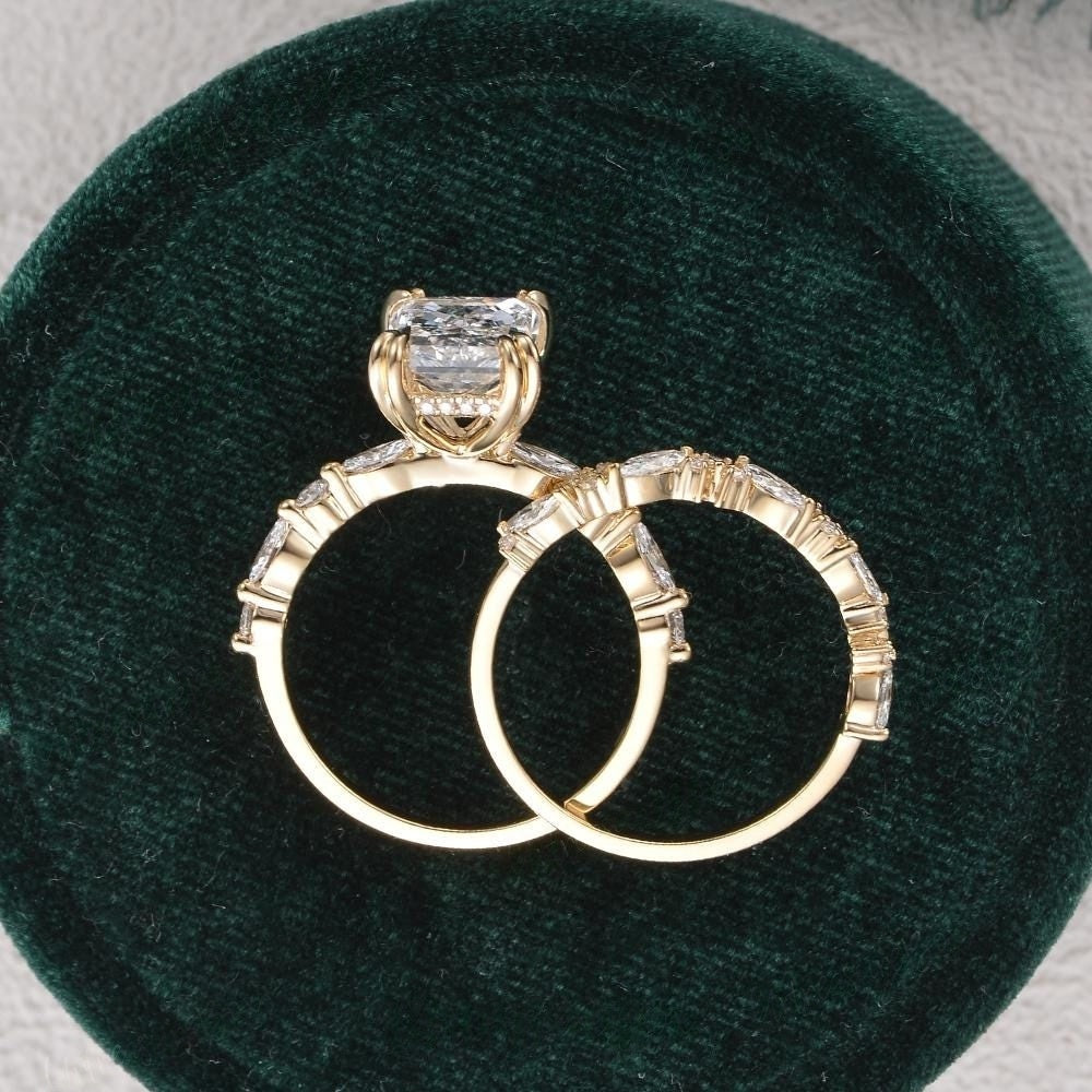 14K Gold Lab Grown Diamond CVD 3CT Radiant-Cut Unique Marquise Double Prongs Wedding Ring Set