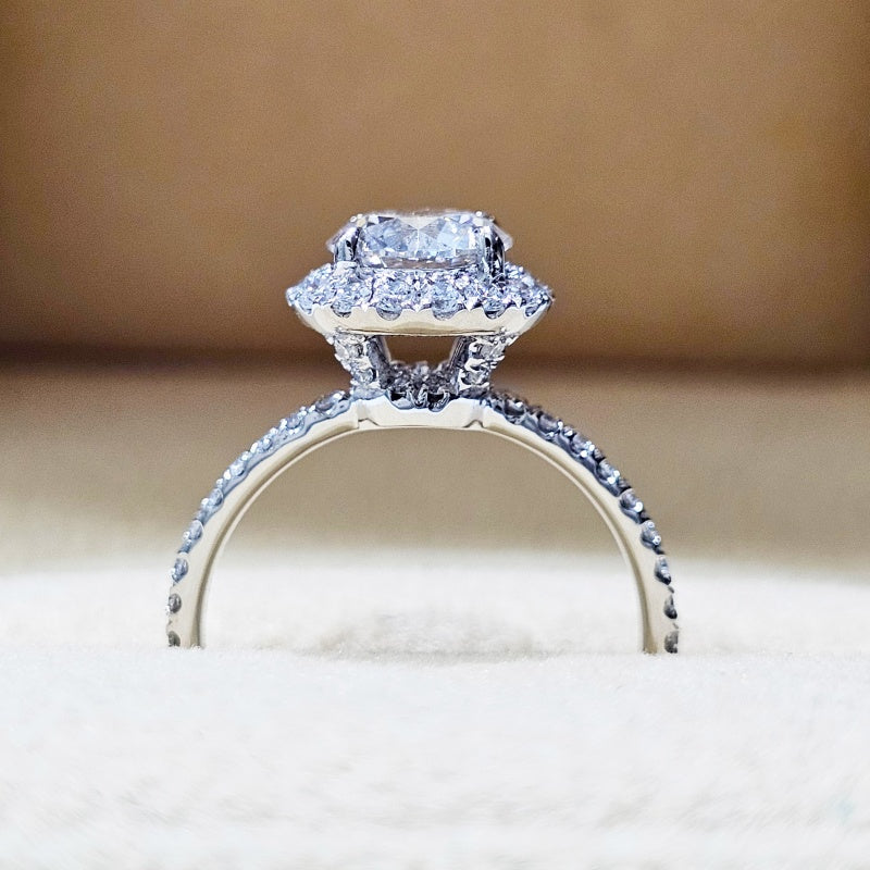 14K Gold Lab Grown Diamond CVD 1.5CT Round-Cut Halo Pave Band Engagement Ring
