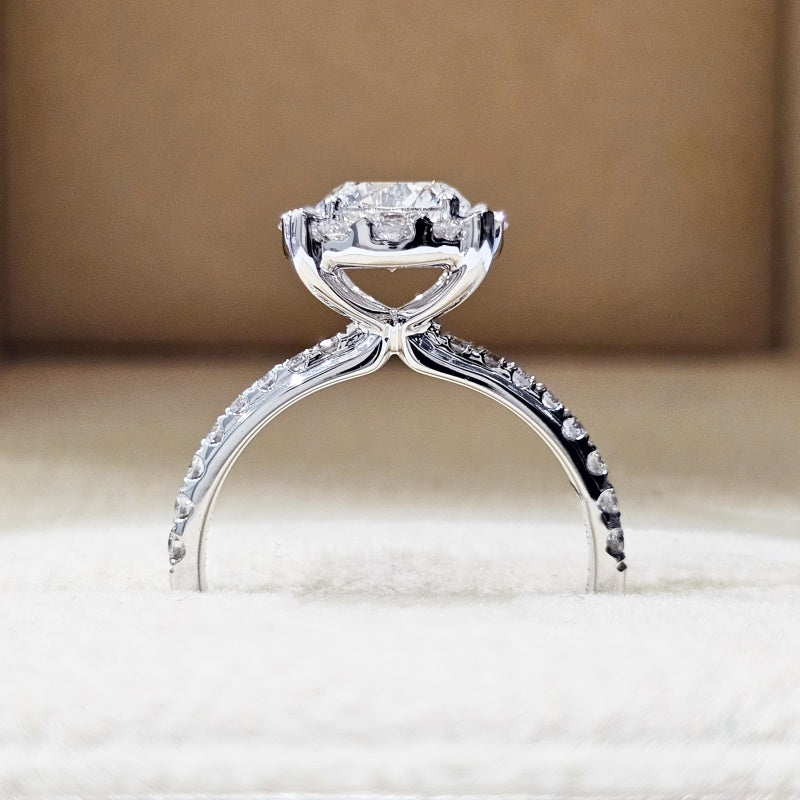 10K Gold Lab Grown Diamond CVD 1.5CT Round-Cut Four Prong Halo Pave Engagement Ring