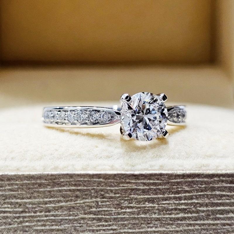 14K Gold Lab Grown Diamond CVD 1.5CT Round-Cut Tapered Pave Four Prong Setting Engagement Ring